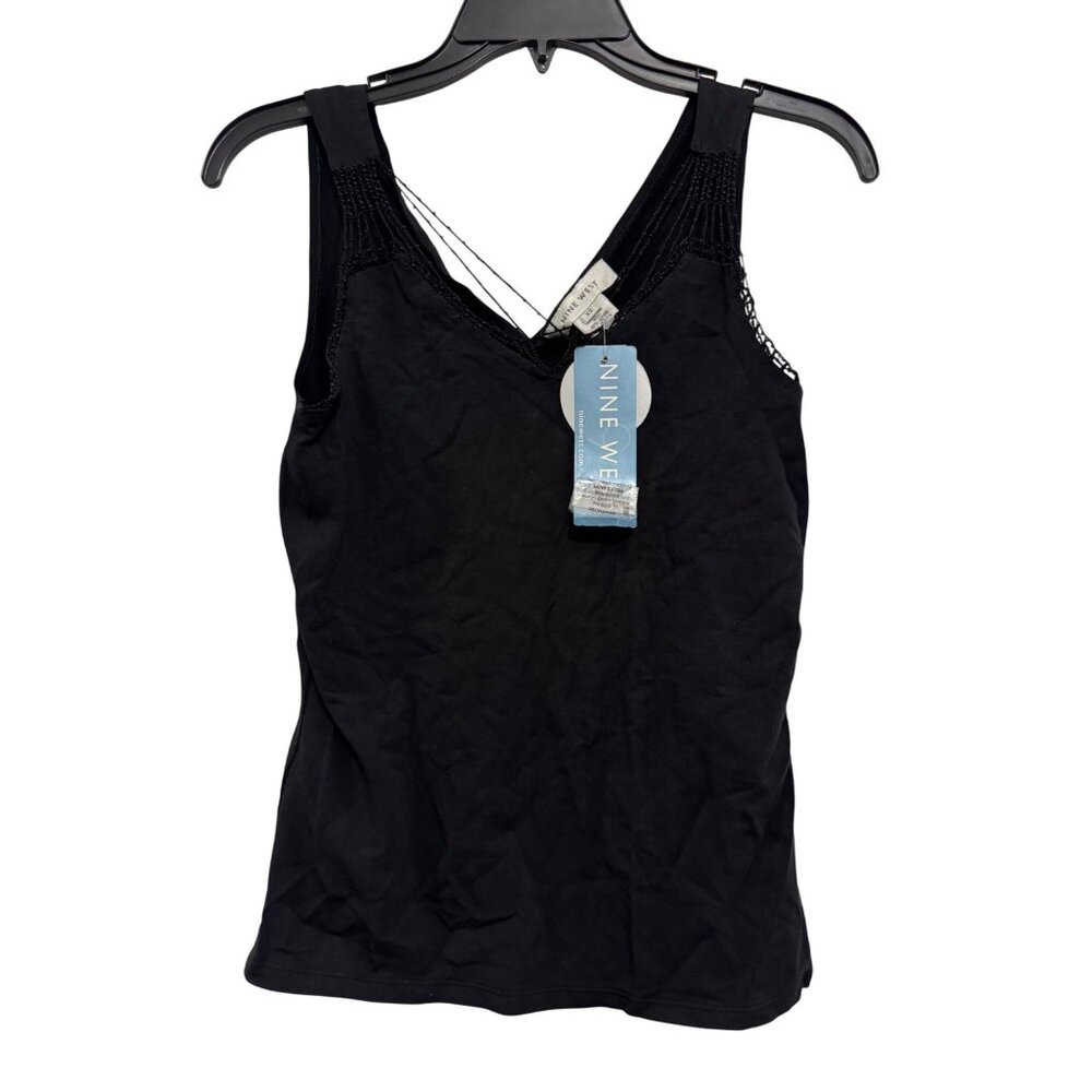 Nine West Womens Sleeveless Tank Top XS Black Embroidered Stretch Cotton Casual